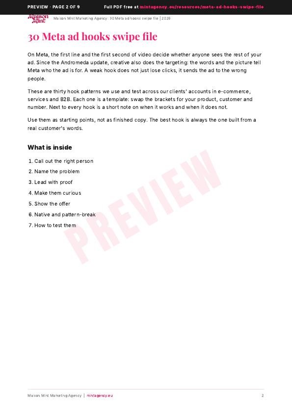 Preview of 30 Meta ad hooks swipe file, page 2