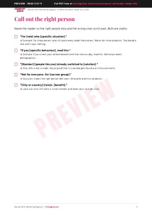 Preview of 30 Meta ad hooks swipe file, page 3