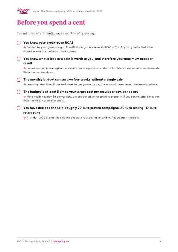Meta ads budget checklist, page 3